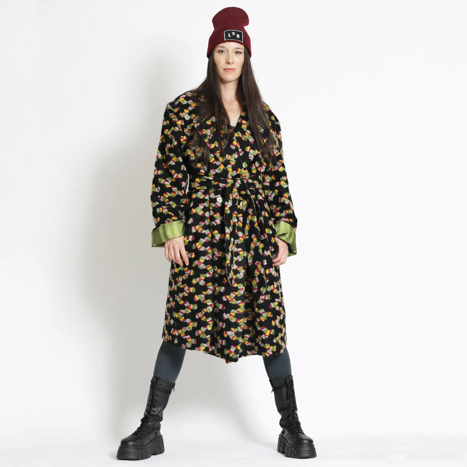 Embroidered Double-Breasted Coat in Black and Green