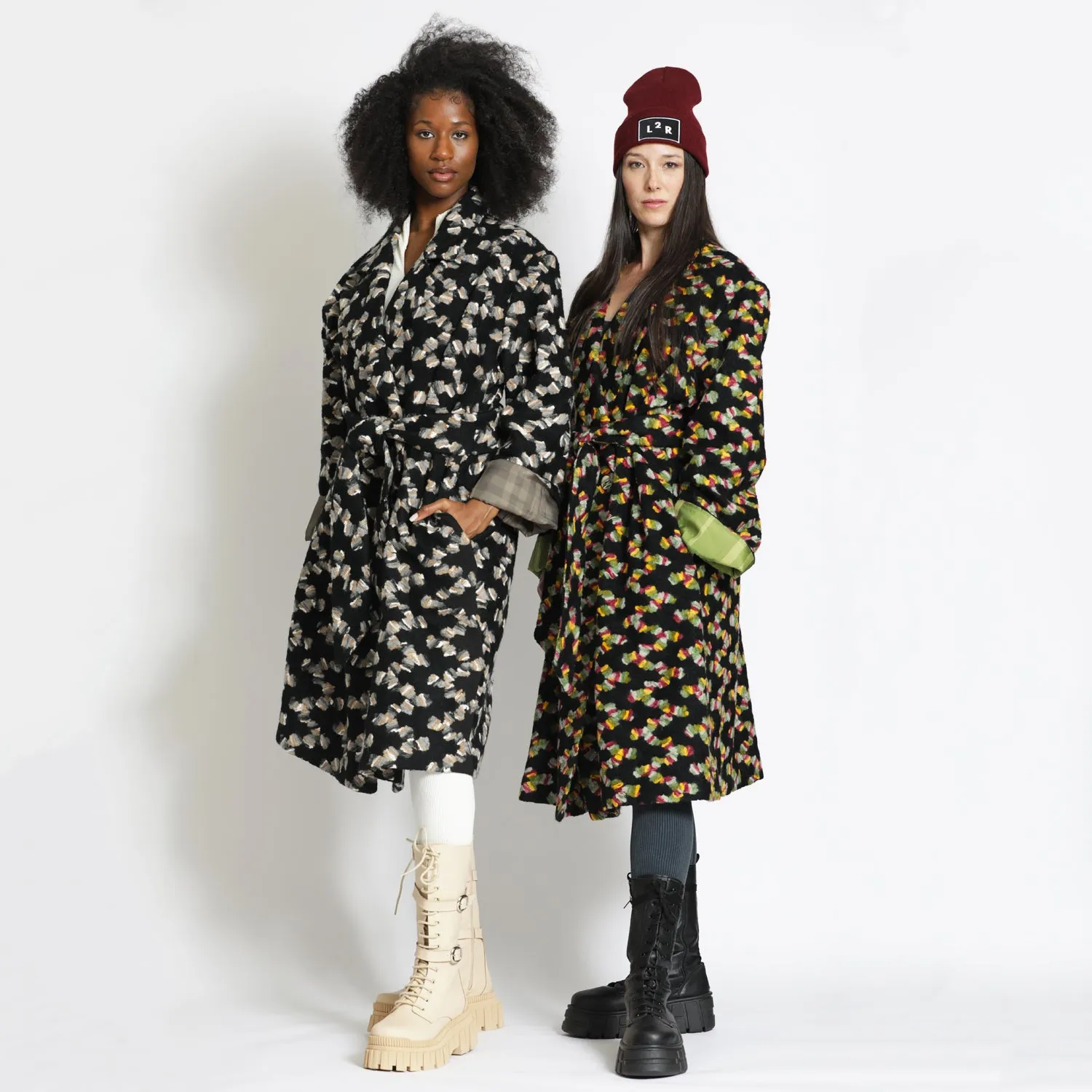 Embroidered Double-Breasted Coat in Black and Green