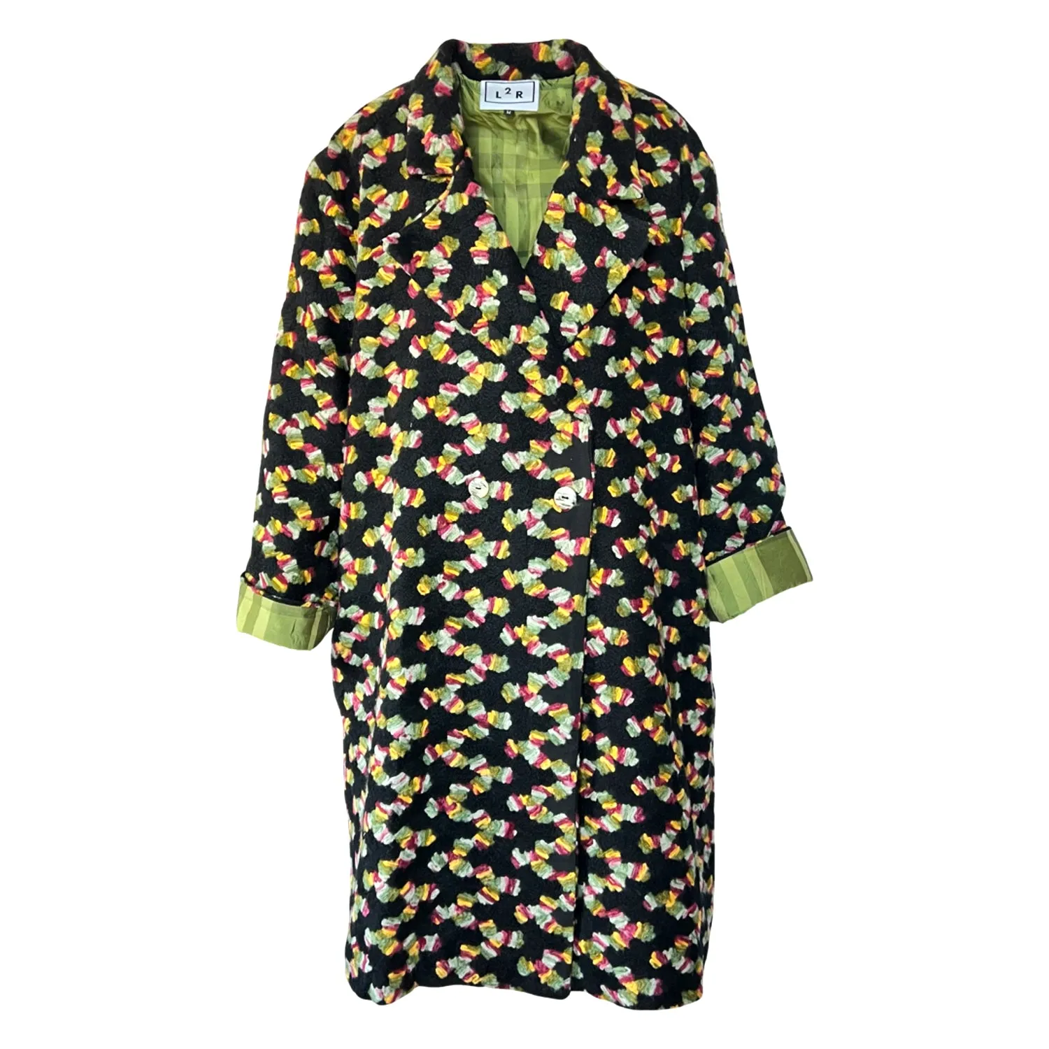Embroidered Double-Breasted Coat in Black and Green