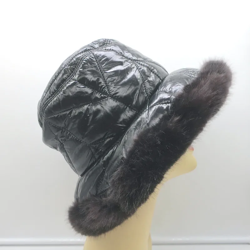 Eric Javits Invincible Puffer Bucket Hat with Faux Fur Trim Black One Size NEW