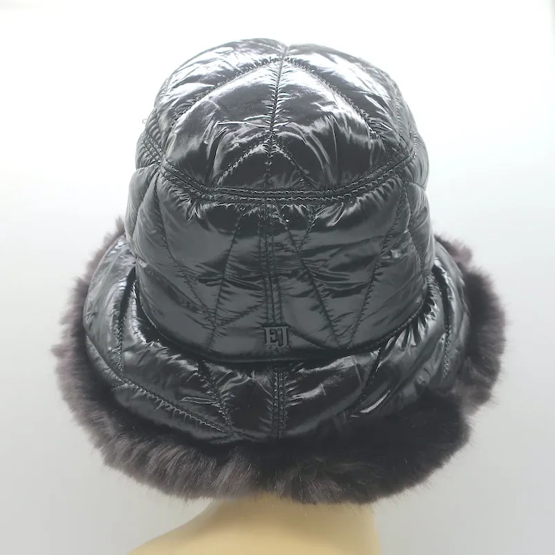 Eric Javits Invincible Puffer Bucket Hat with Faux Fur Trim Black One Size NEW