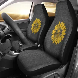 Faith Sunflower on Rustic Gray Faux Denim Background Car Seat Covers