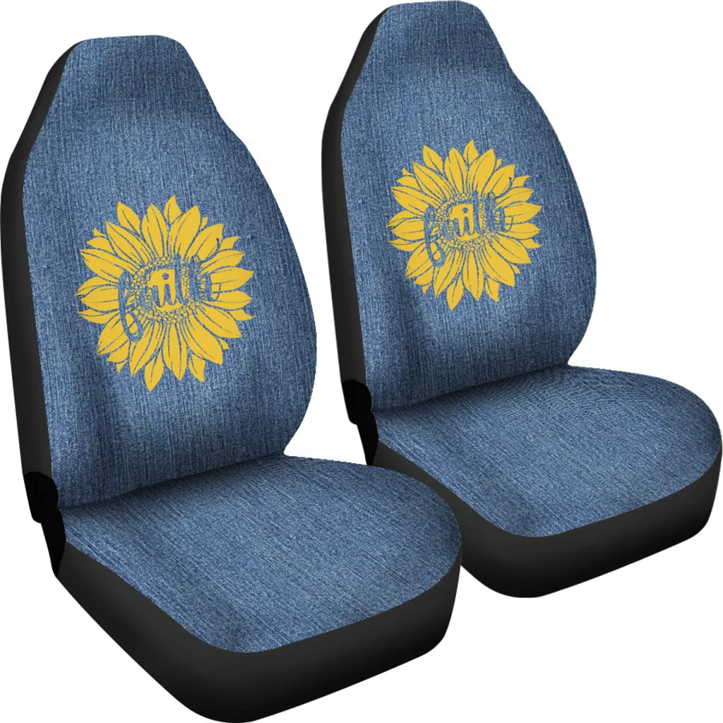 Faith Sunflower on Rustic Light Blue Faded Faux Denim Style Background Car Seat Covers