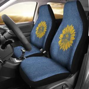 Faith Sunflower on Rustic Light Blue Faded Faux Denim Style Background Car Seat Covers