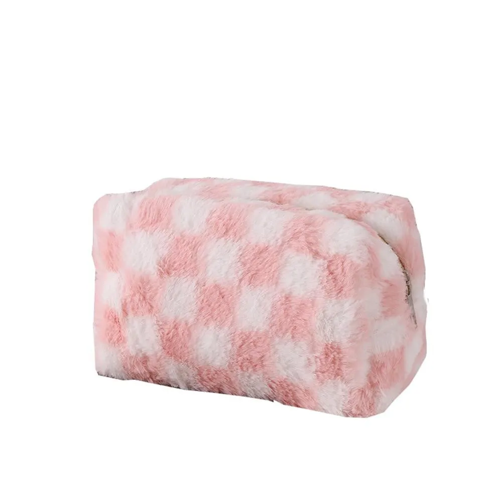 Faux Fur Checker Makeup Pouch