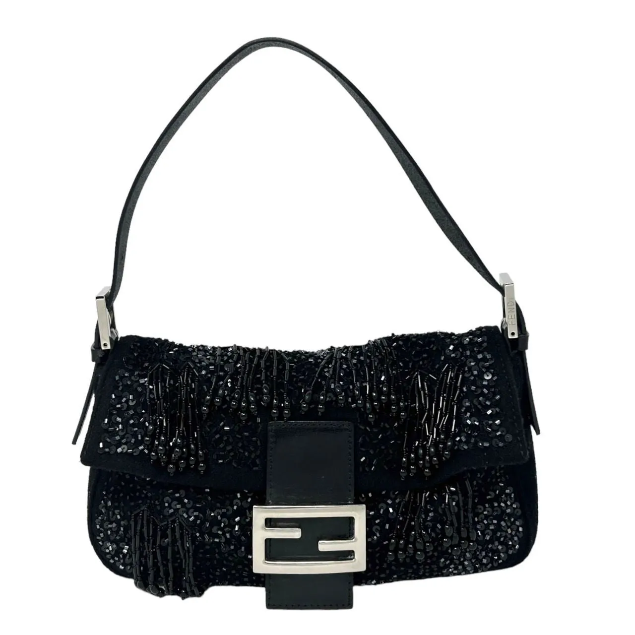 Fendi Black Beaded Fringe Baguette
