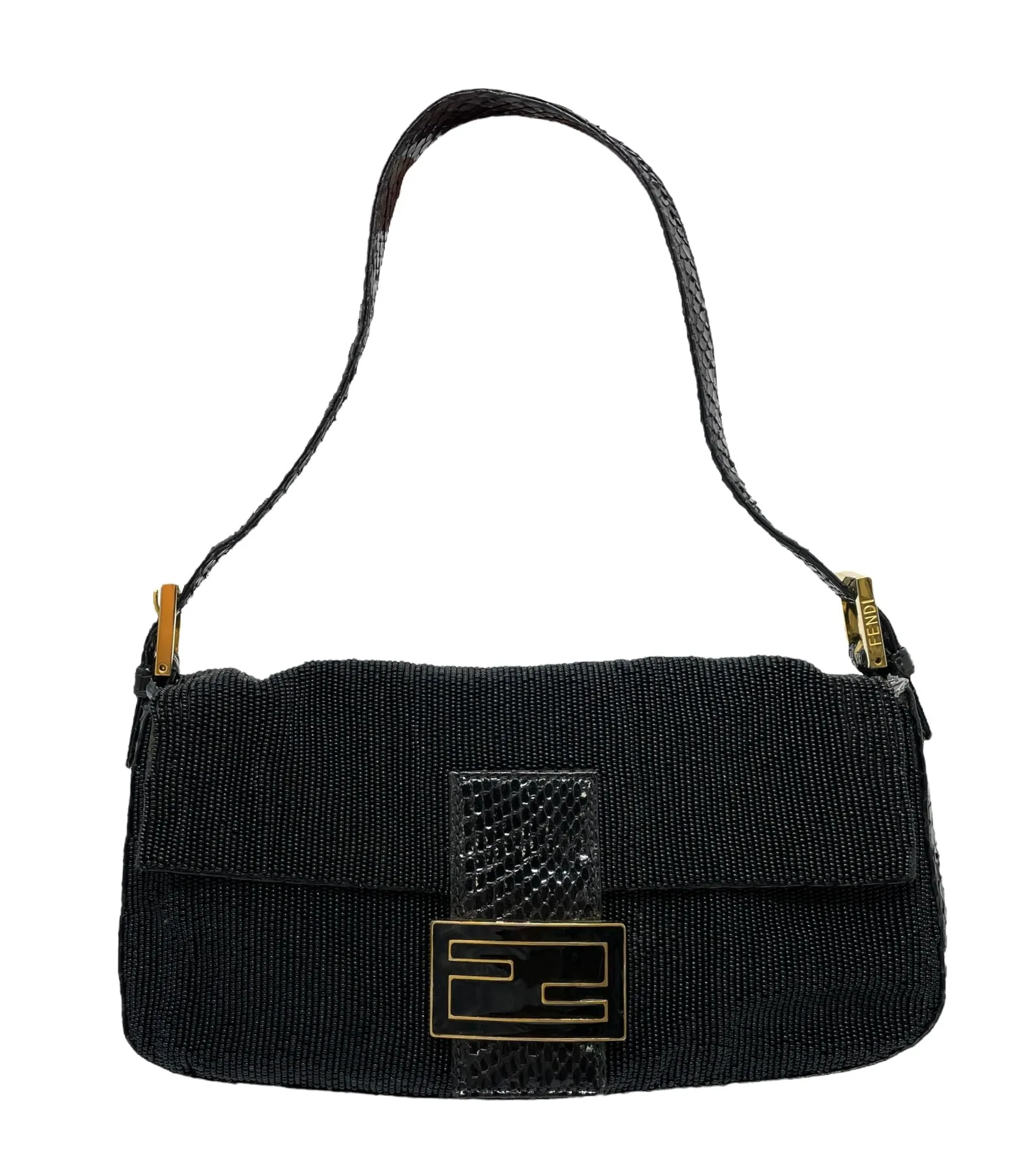 Fendi Black Beaded Snakeskin Baguette