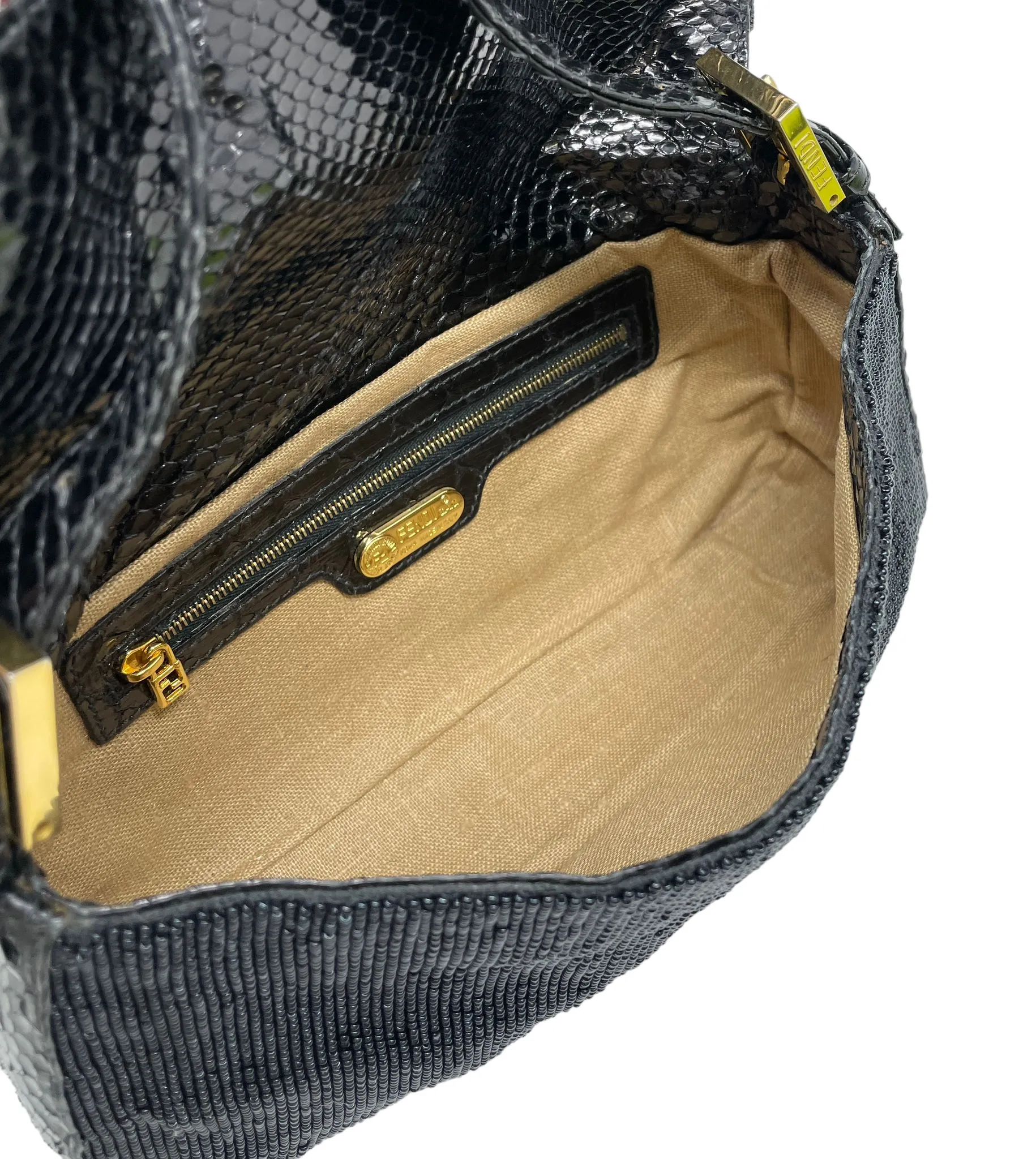 Fendi Black Beaded Snakeskin Baguette