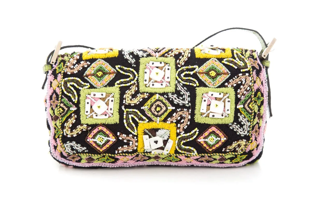 Fendi Black/Pink Snake Trimmed Beaded Baguette
