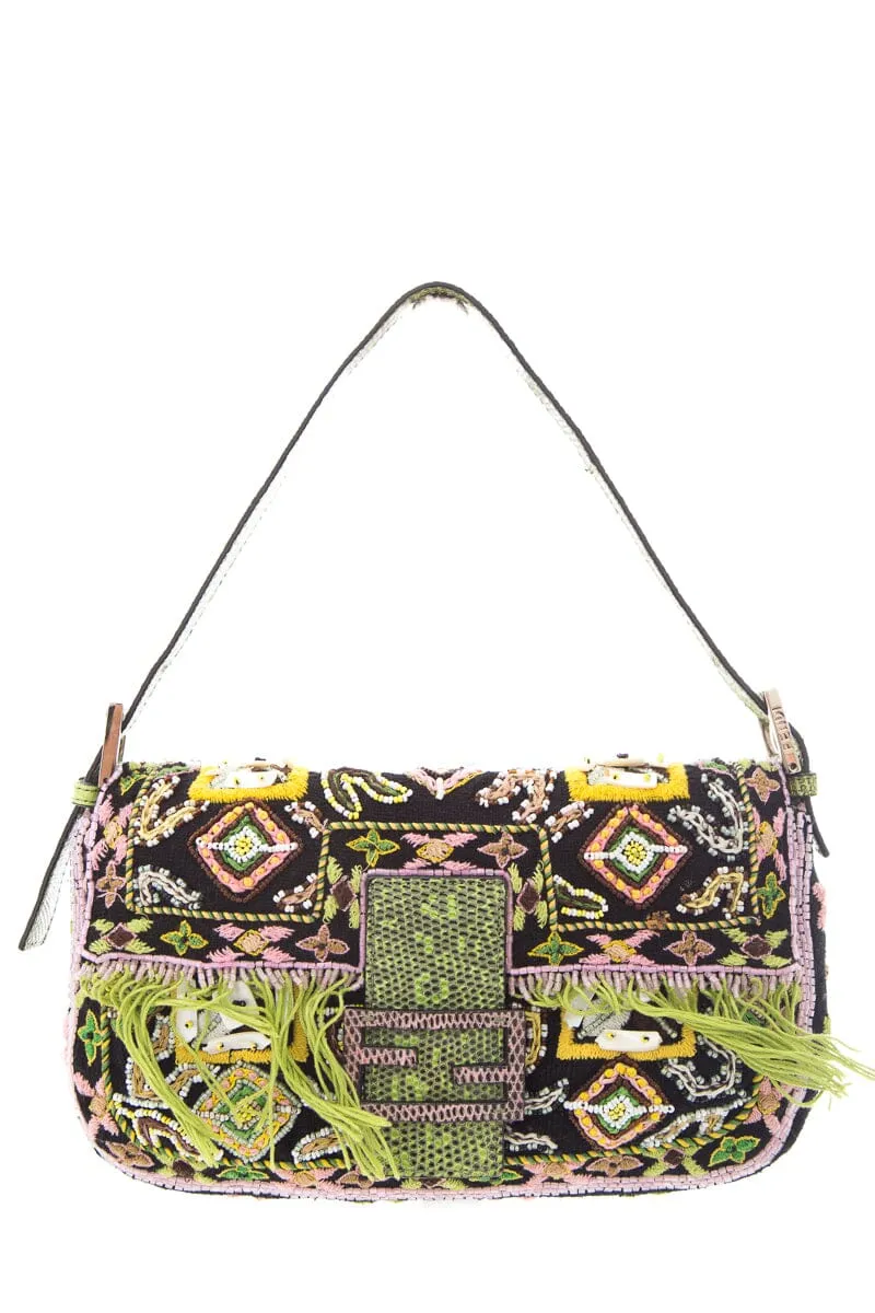Fendi Black/Pink Snake Trimmed Beaded Baguette