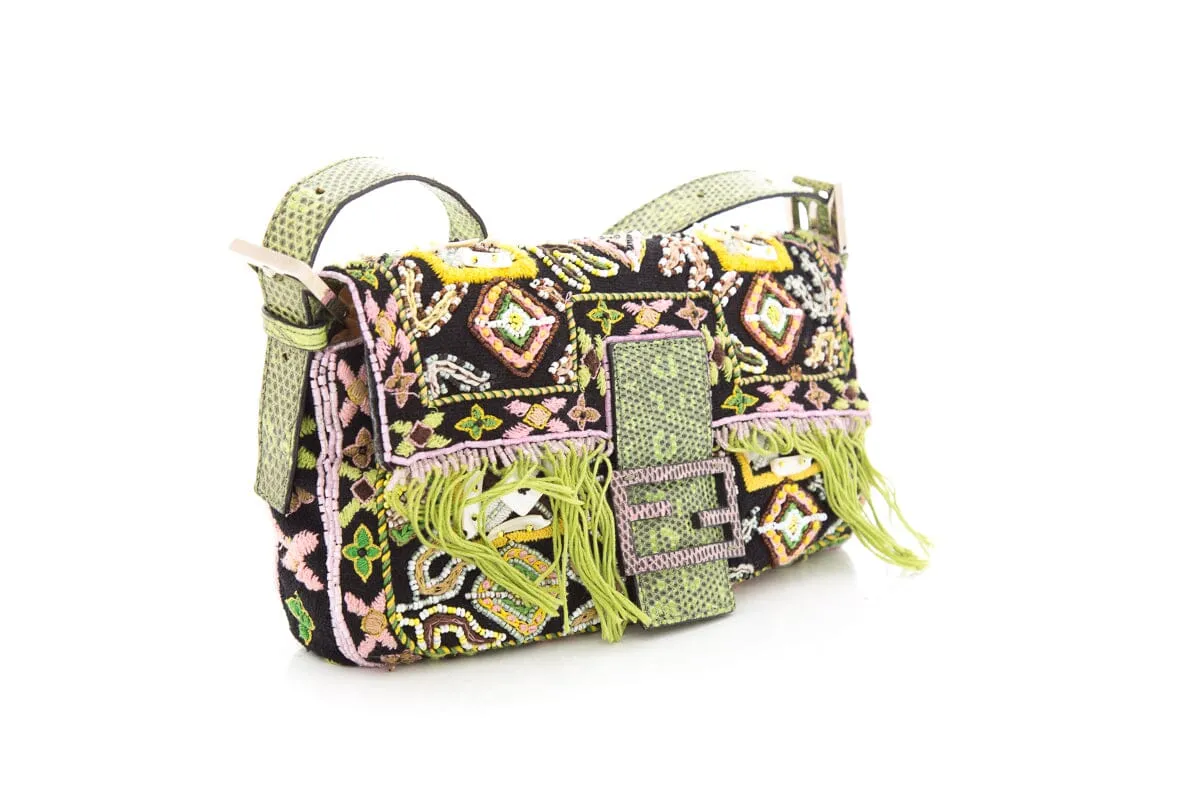 Fendi Black/Pink Snake Trimmed Beaded Baguette