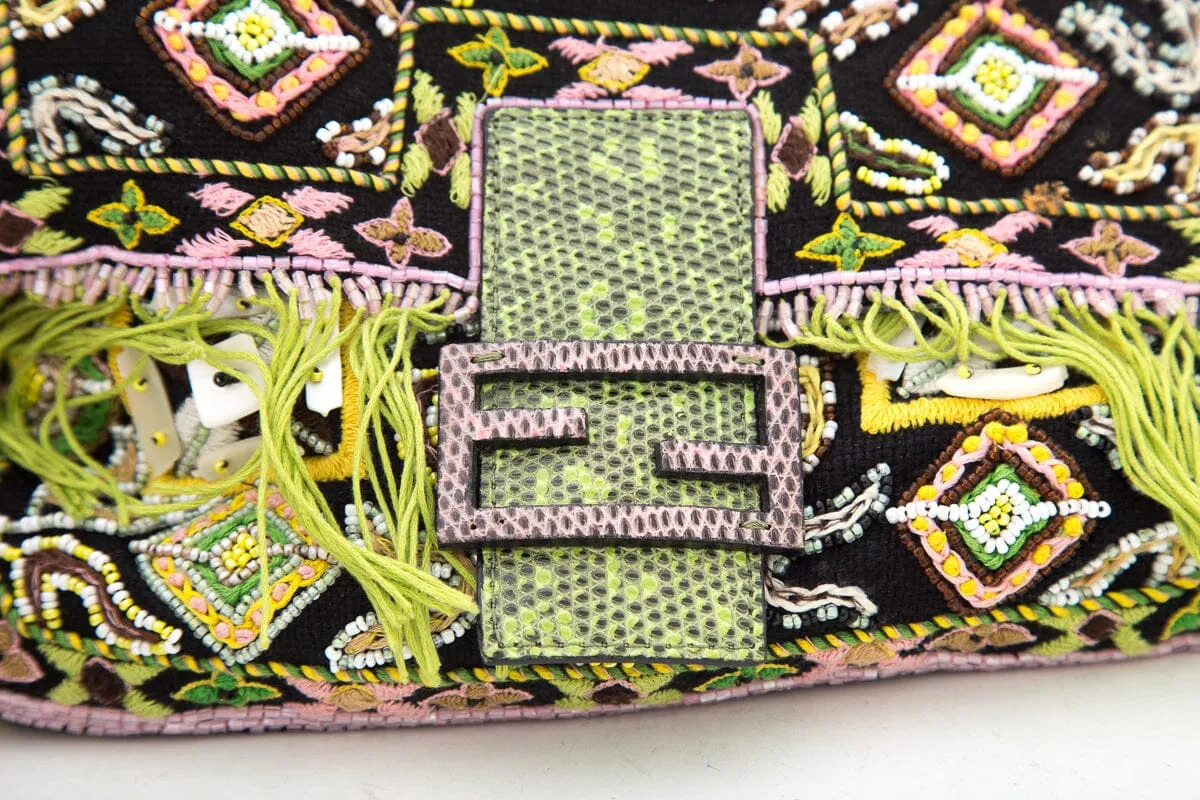 Fendi Black/Pink Snake Trimmed Beaded Baguette