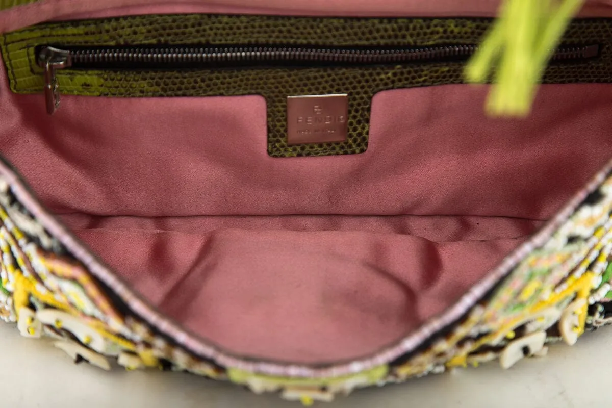 Fendi Black/Pink Snake Trimmed Beaded Baguette