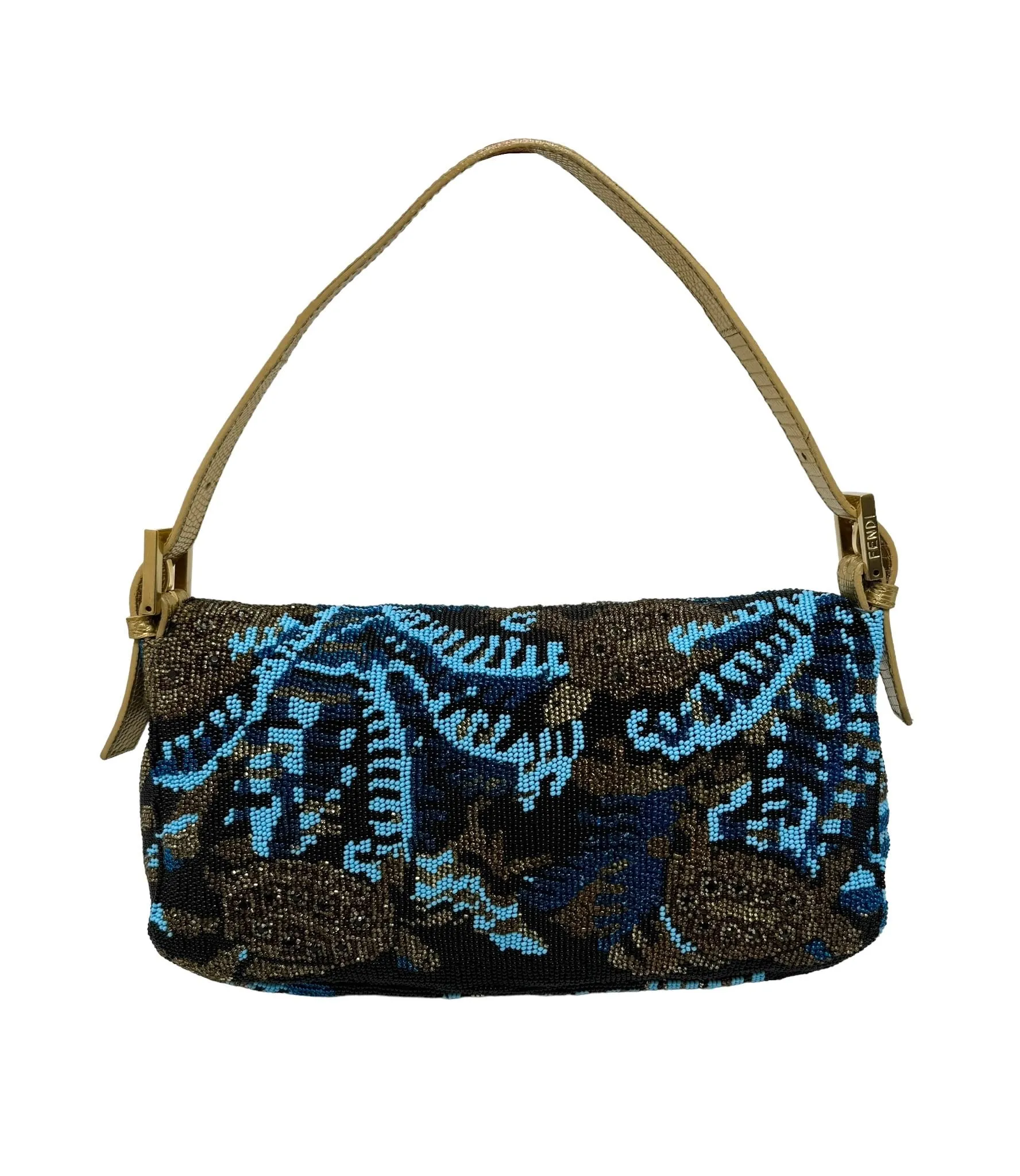 Fendi Blue Multicolor Turtle Beaded Baguette Bag