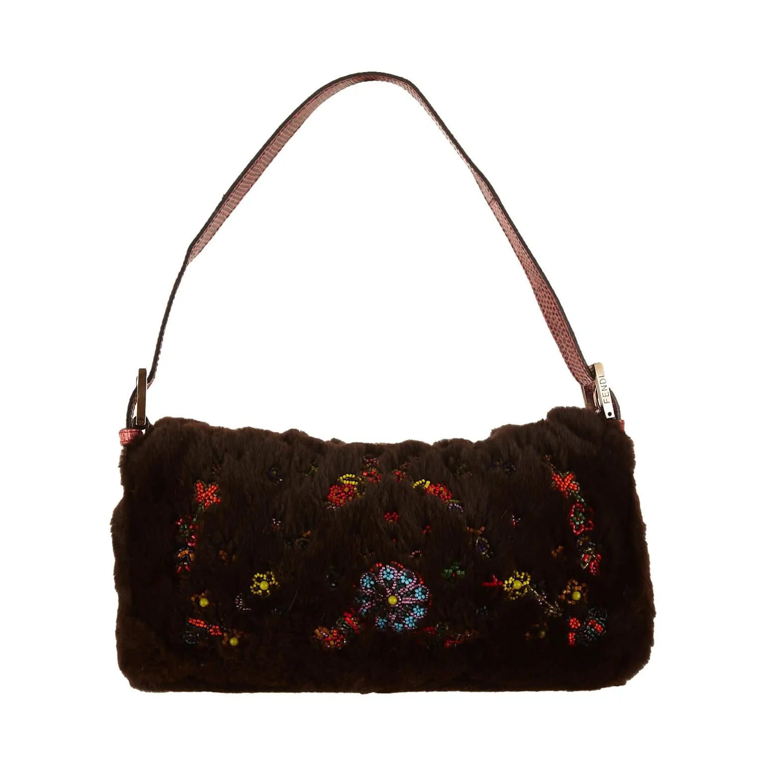 Fendi Brown Fur Beaded Baguette