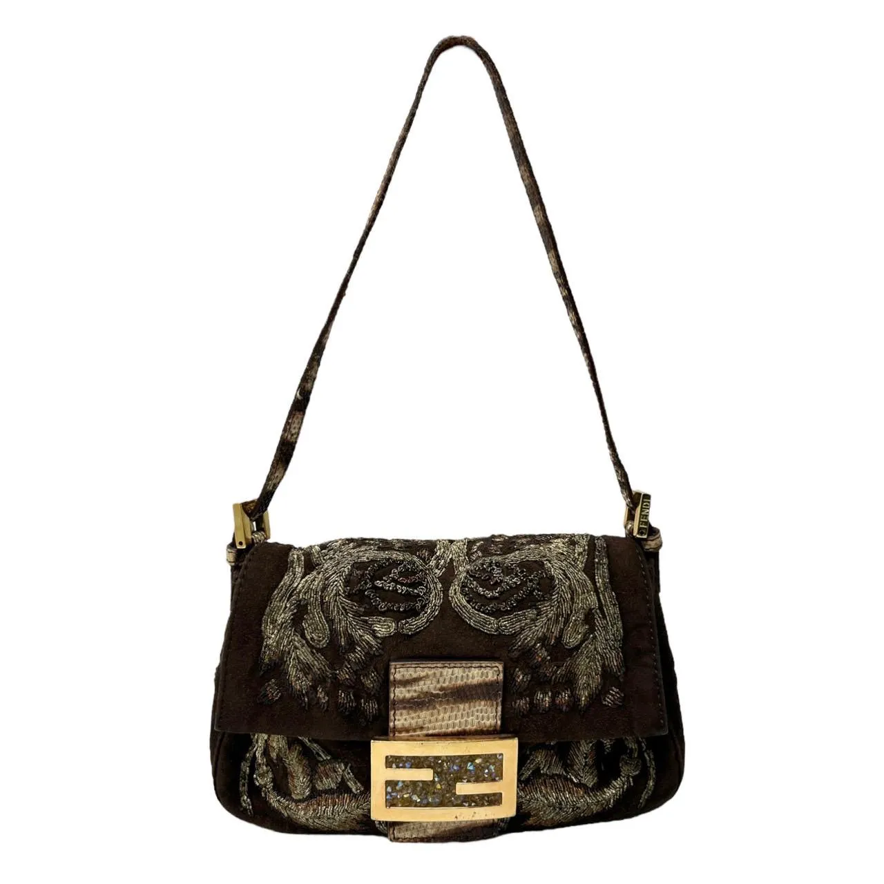 Fendi Brown Suede Beaded Baguette