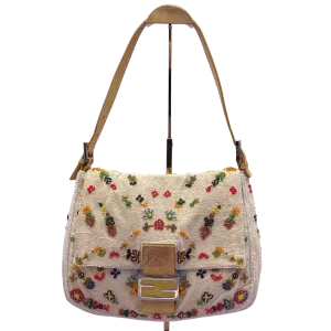 Fendi Mamma Baguette Linen Beaded Ecru
