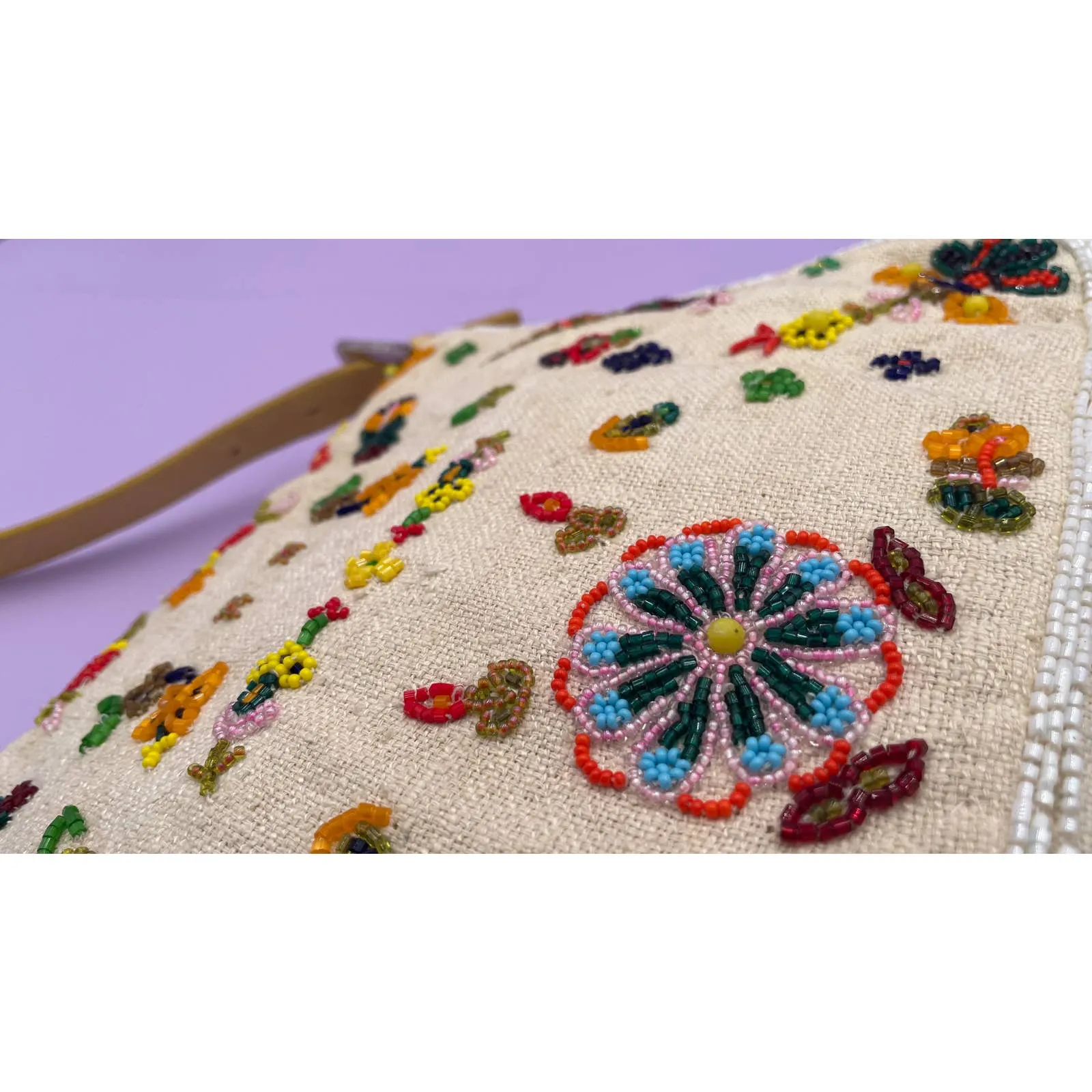 Fendi Mamma Baguette Linen Beaded Ecru