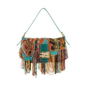 Fendi Multicolor Beaded Wave Print Fringe Baguette