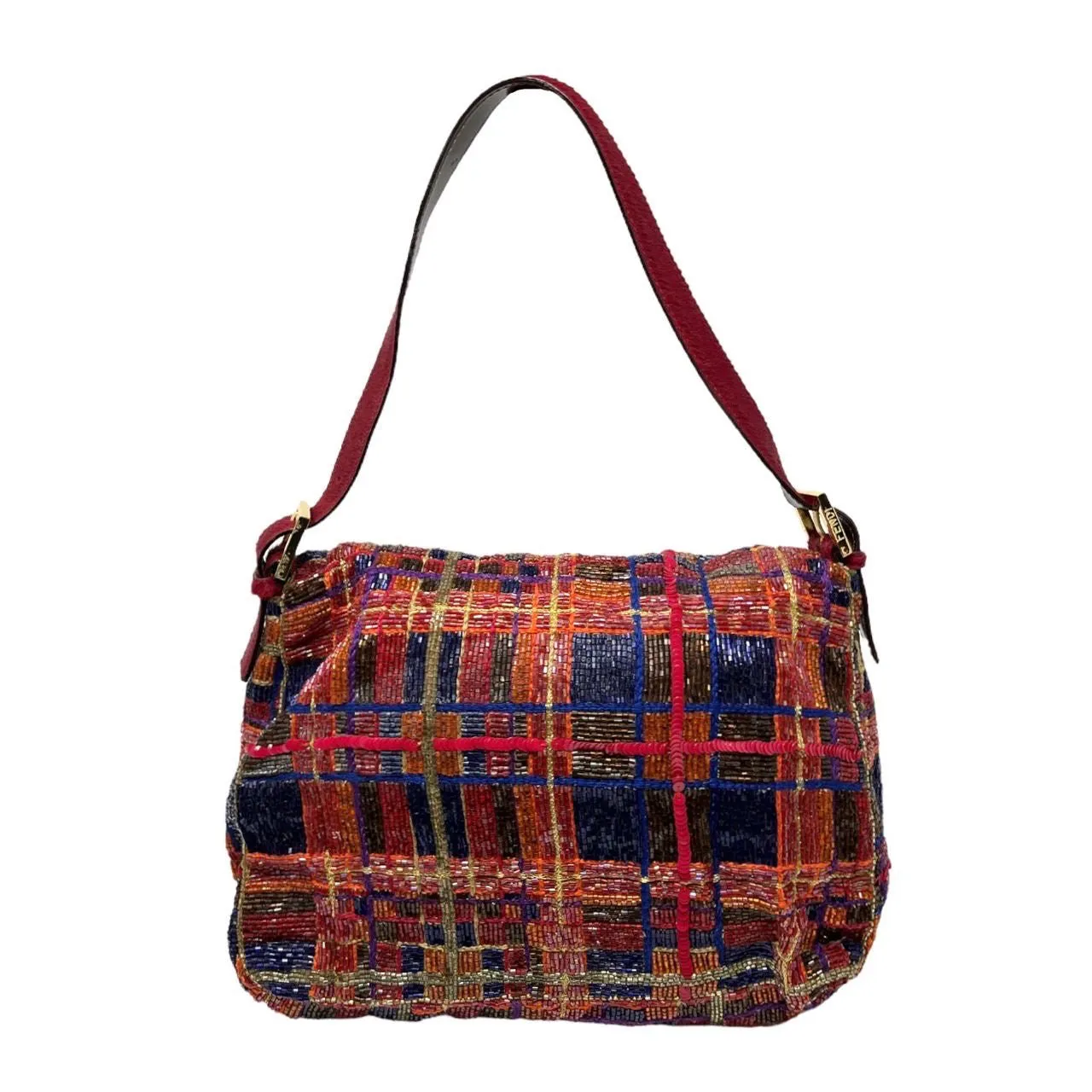 Fendi Red Plaid Beaded Baguette
