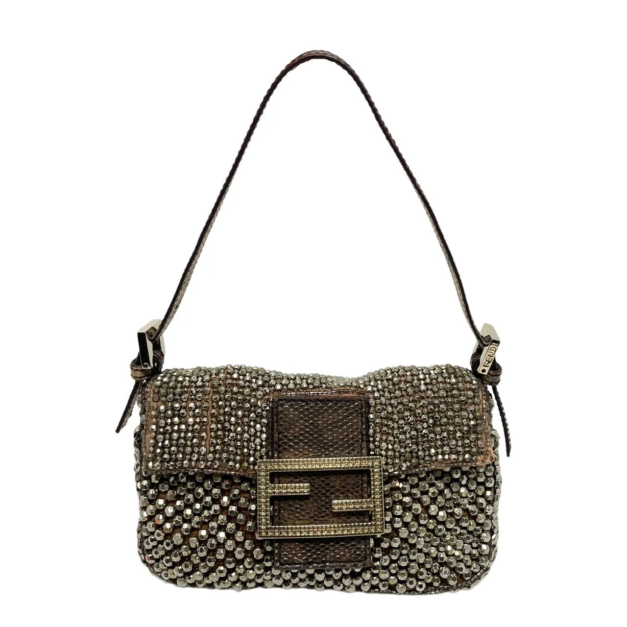 Fendi Silver Logo Beaded Mini Baguette