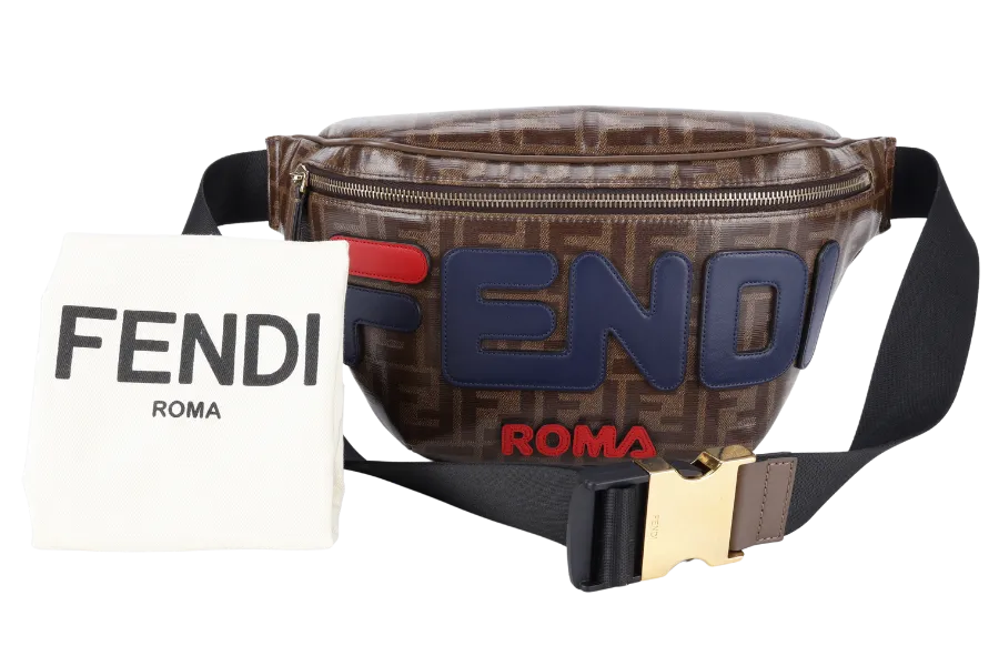 FENDI x FILA MONOGRAM ZUCCA BUMBAG BLUE, RED FONT WITH DUST COVER