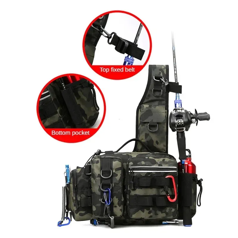 Fishing Tackle Backpack Lure Box Gear Storage Bag Fanny Pack for Men Fly Fishing Backpack with Rod Holder Sling Shoulder Bag