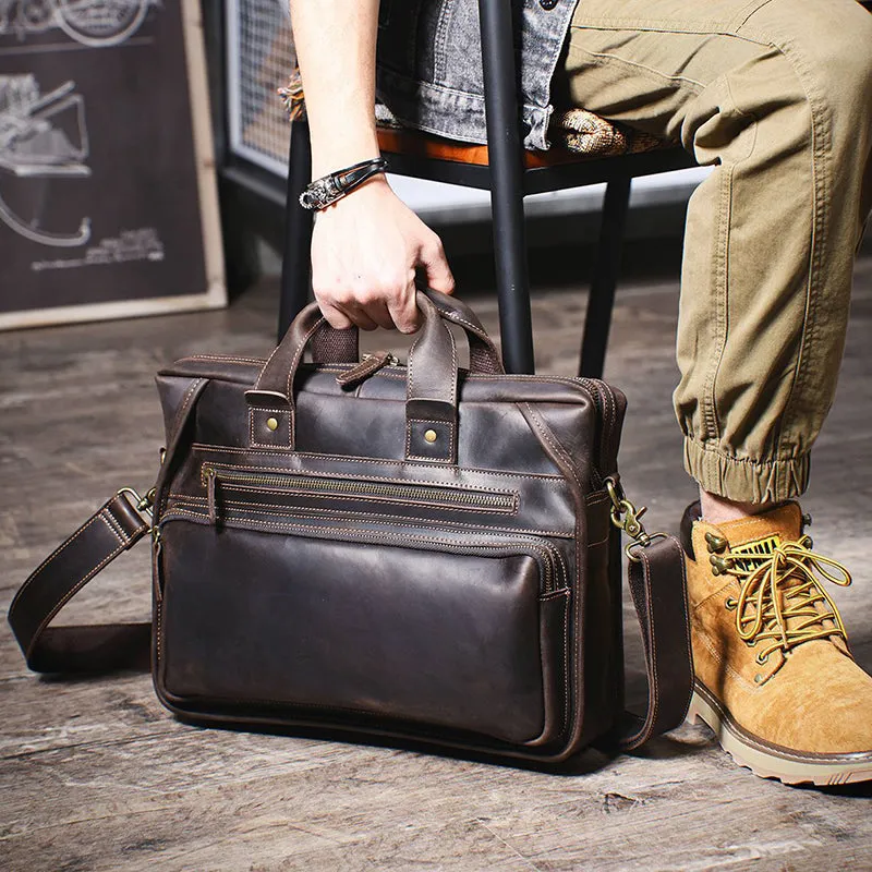 Full Grain Leather Laptop Bag Briefcase Leather Messenger Bag For Men Retro Leather Satchel Portfolio