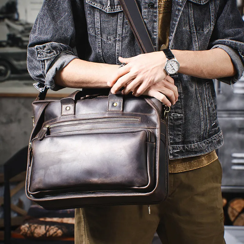 Full Grain Leather Laptop Bag Briefcase Leather Messenger Bag For Men Retro Leather Satchel Portfolio