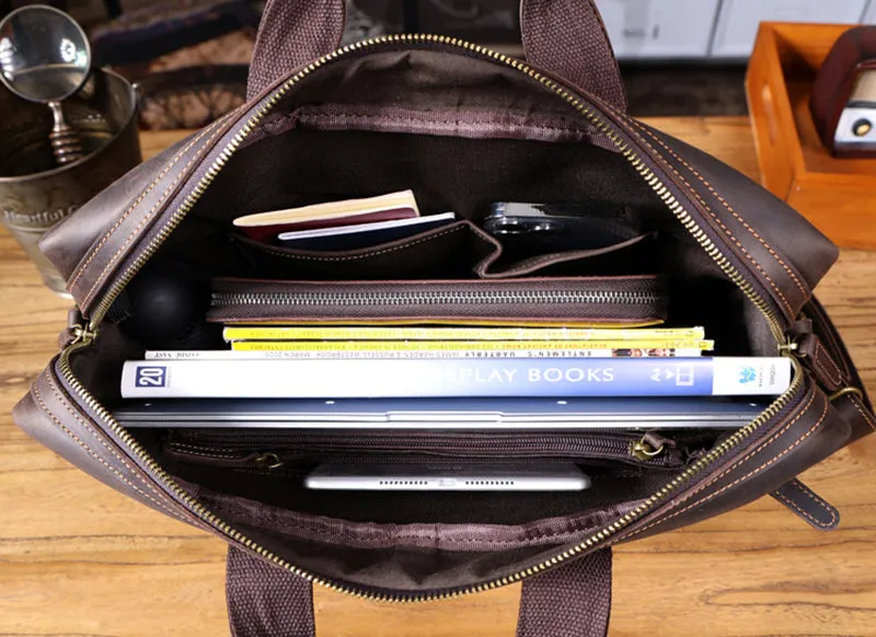 Full Grain Leather Laptop Bag Briefcase Leather Messenger Bag For Men Retro Leather Satchel Portfolio