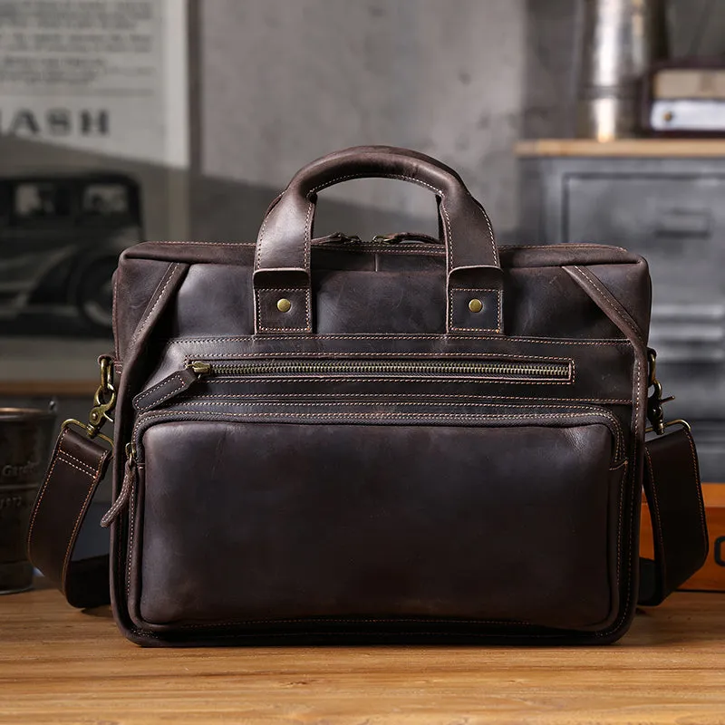 Full Grain Leather Laptop Bag Briefcase Leather Messenger Bag For Men Retro Leather Satchel Portfolio