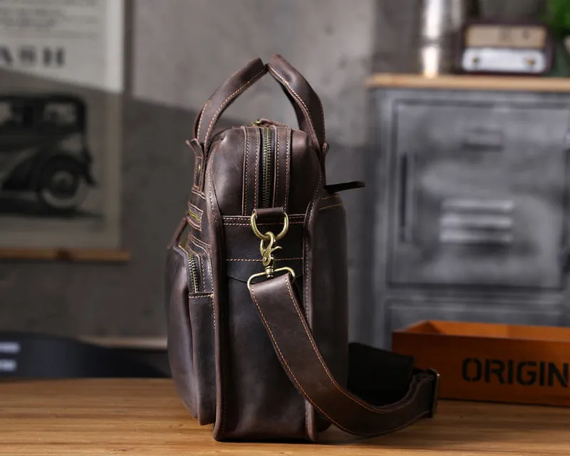 Full Grain Leather Laptop Bag Briefcase Leather Messenger Bag For Men Retro Leather Satchel Portfolio