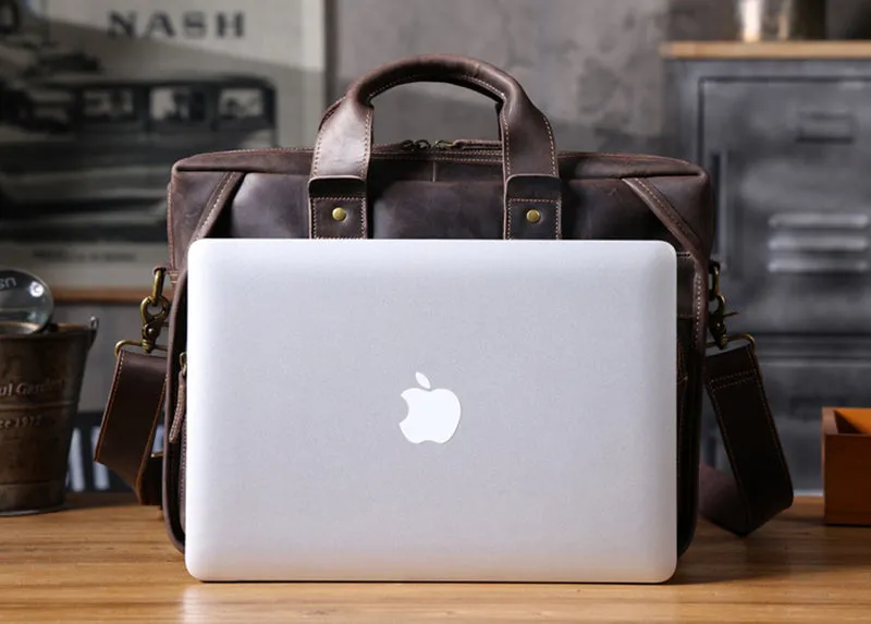 Full Grain Leather Laptop Bag Briefcase Leather Messenger Bag For Men Retro Leather Satchel Portfolio