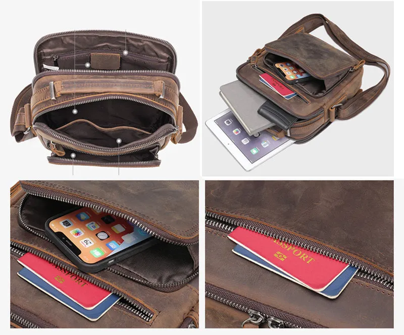Full Grain Leather Men's Satchel Leather Mens Crossbody Bag Small Leather Shoulder Bag Satchel Bag Retro Messenger Bag