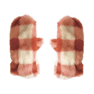 Furry Check Mittens - Coral 3-6yrs and 7-10yrs