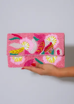 Garden Bloom Beaded Clutch Pink