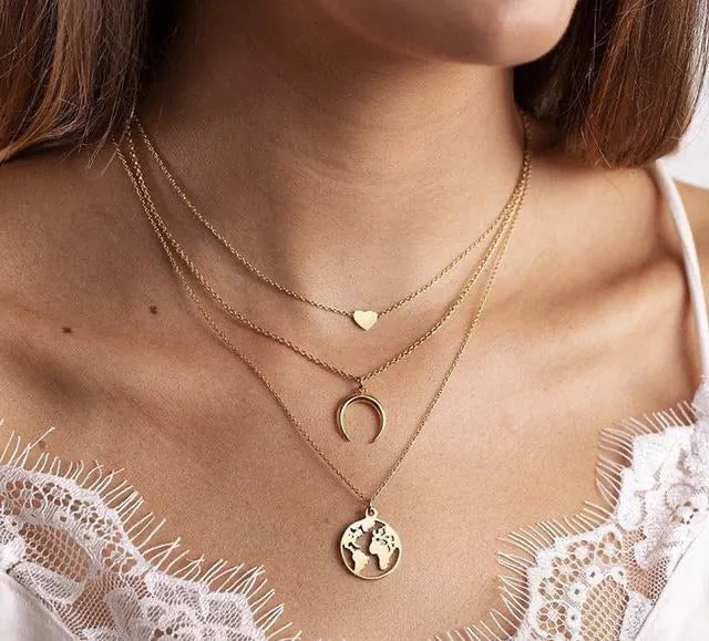 Globe Moon 3 Layered Necklace
