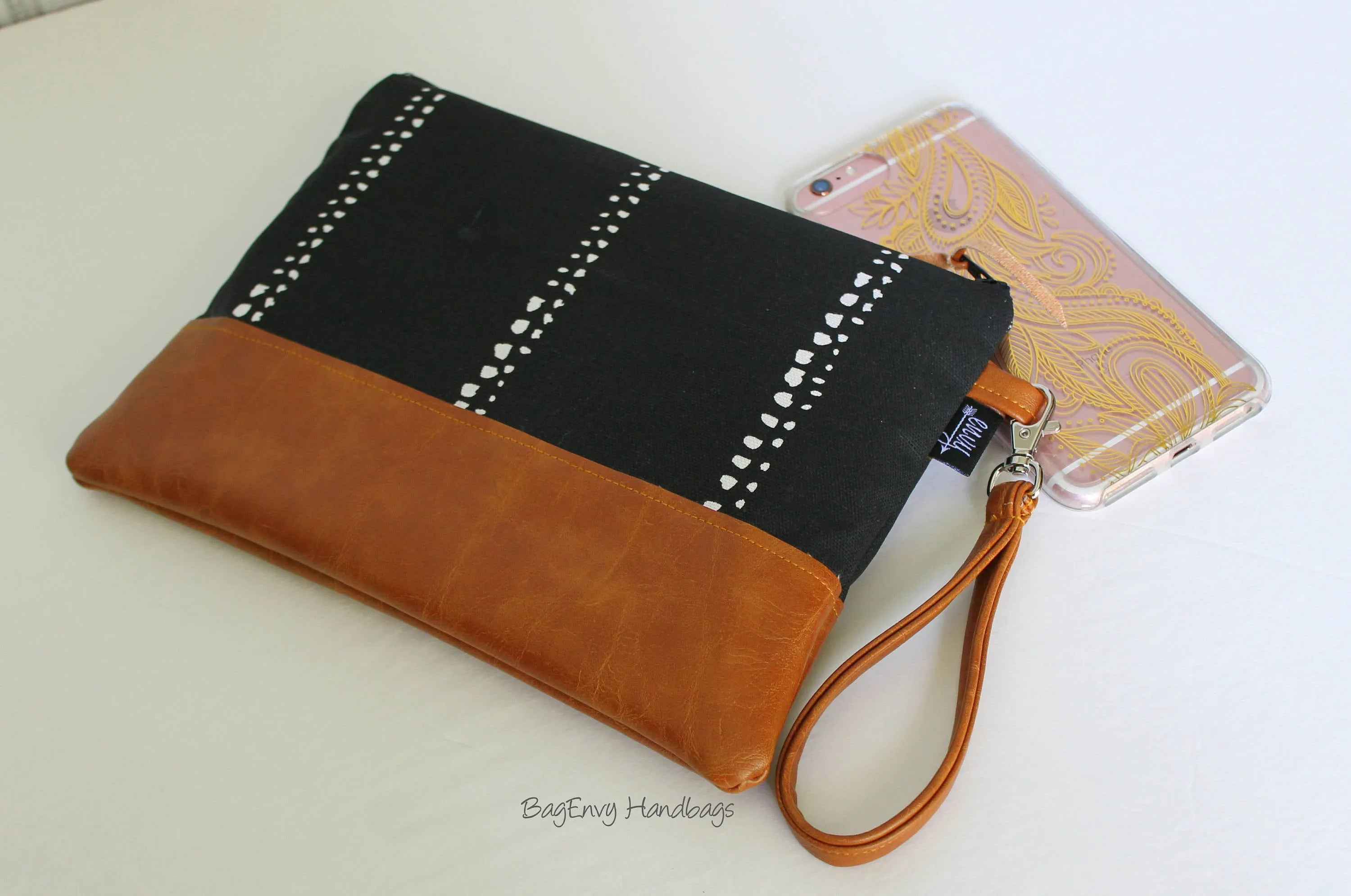 Grab N Go Wristlet Clutch - Black Beaded Stripe with Vegan Leather