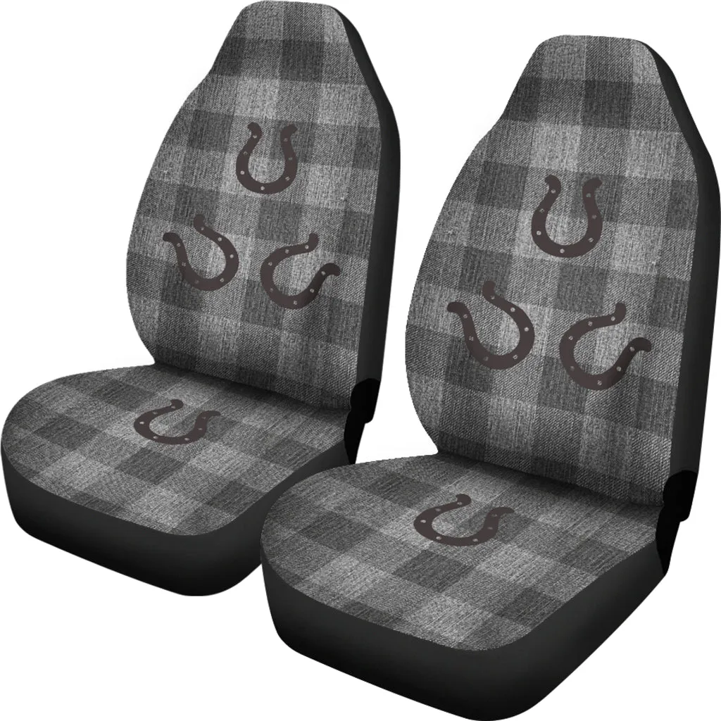 Gray Faux Denim Buffalo Plaid Car Seat Covers With Rustic Horseshoes Seat Protectors Western Cowboy