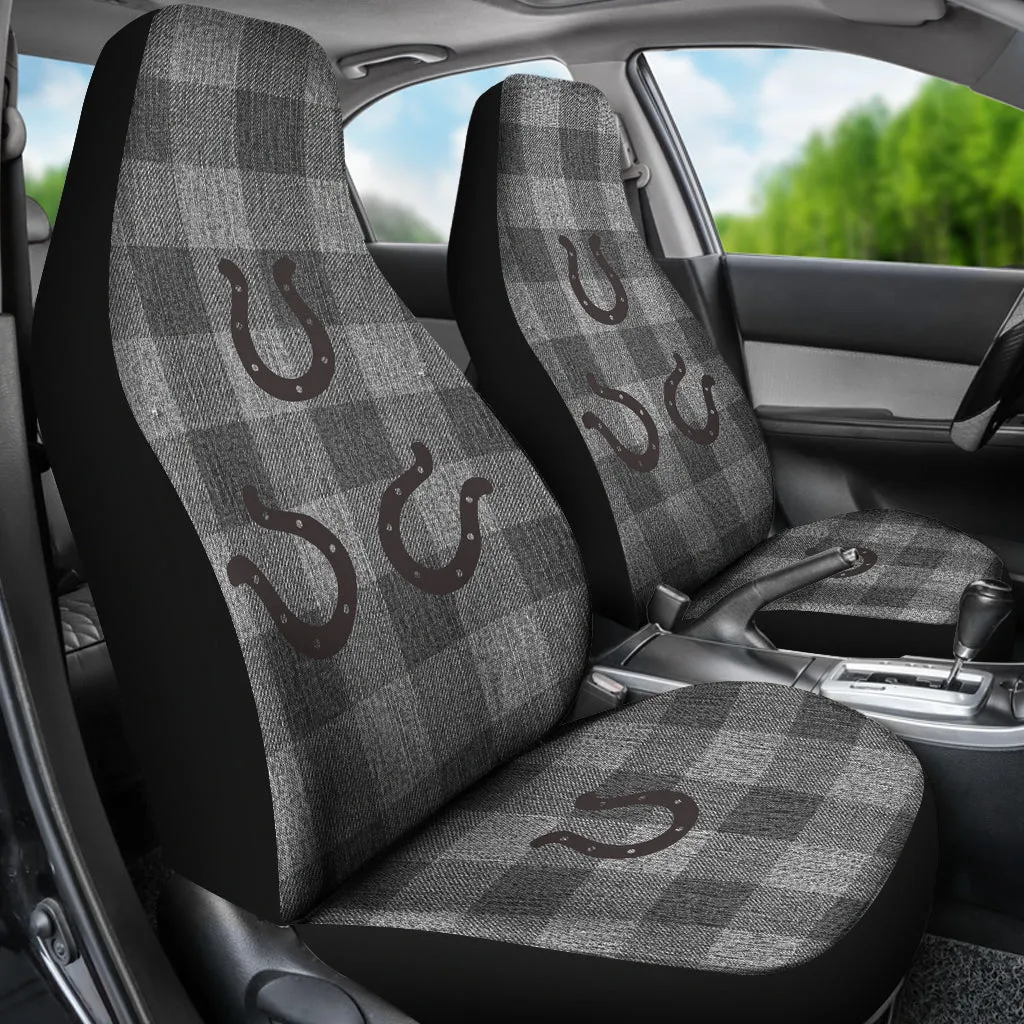 Gray Faux Denim Buffalo Plaid Car Seat Covers With Rustic Horseshoes Seat Protectors Western Cowboy
