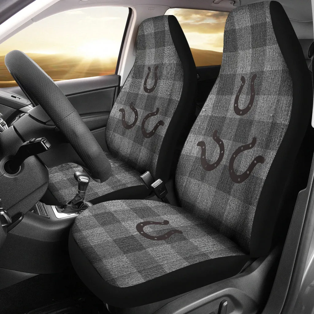 Gray Faux Denim Buffalo Plaid Car Seat Covers With Rustic Horseshoes Seat Protectors Western Cowboy