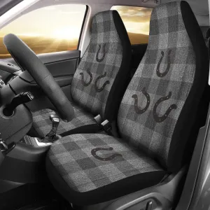 Gray Faux Denim Buffalo Plaid Car Seat Covers With Rustic Horseshoes Seat Protectors Western Cowboy