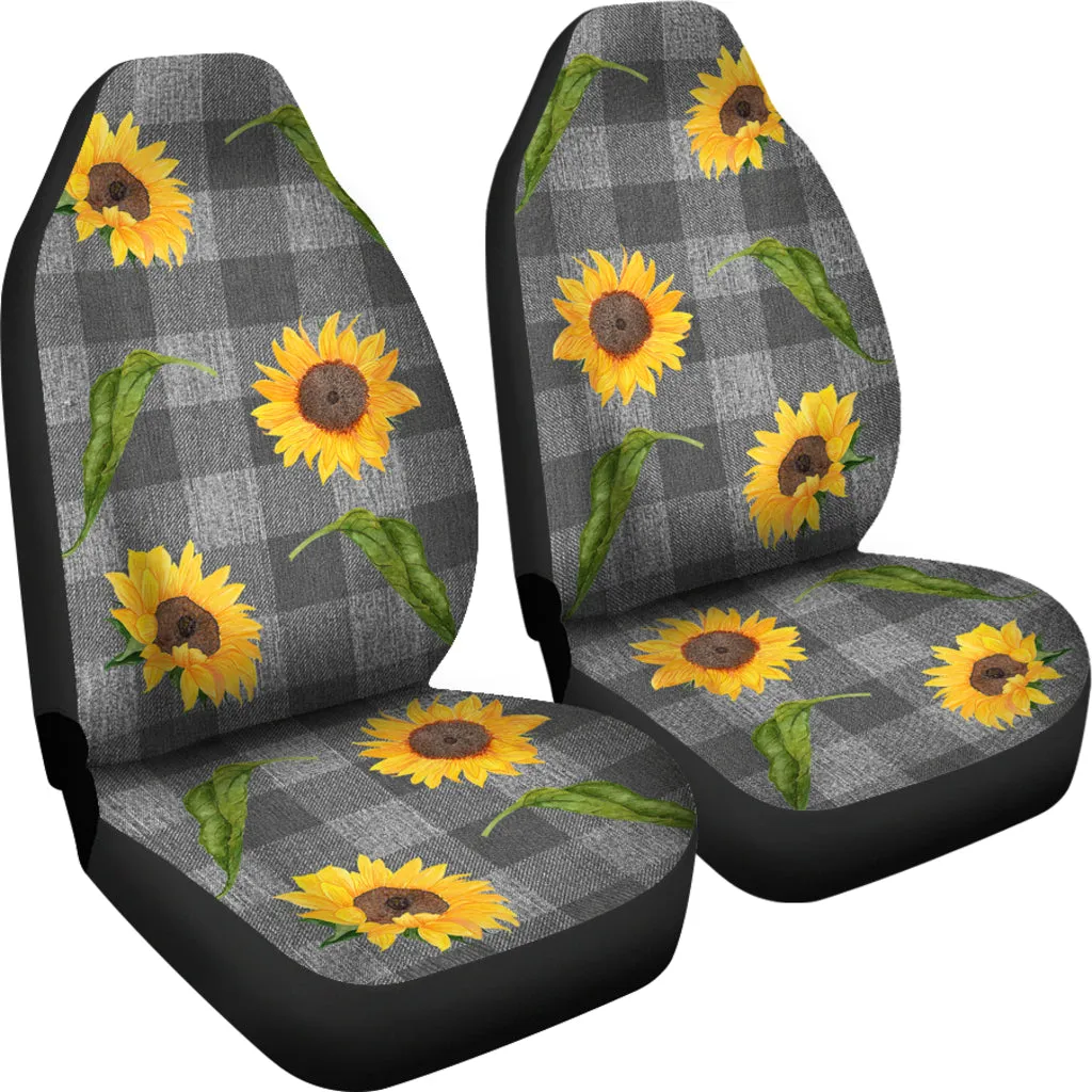 Gray Faux Denim Buffalo Plaid With Rustic Sunflowers Car Seat Covers Seat Protectors