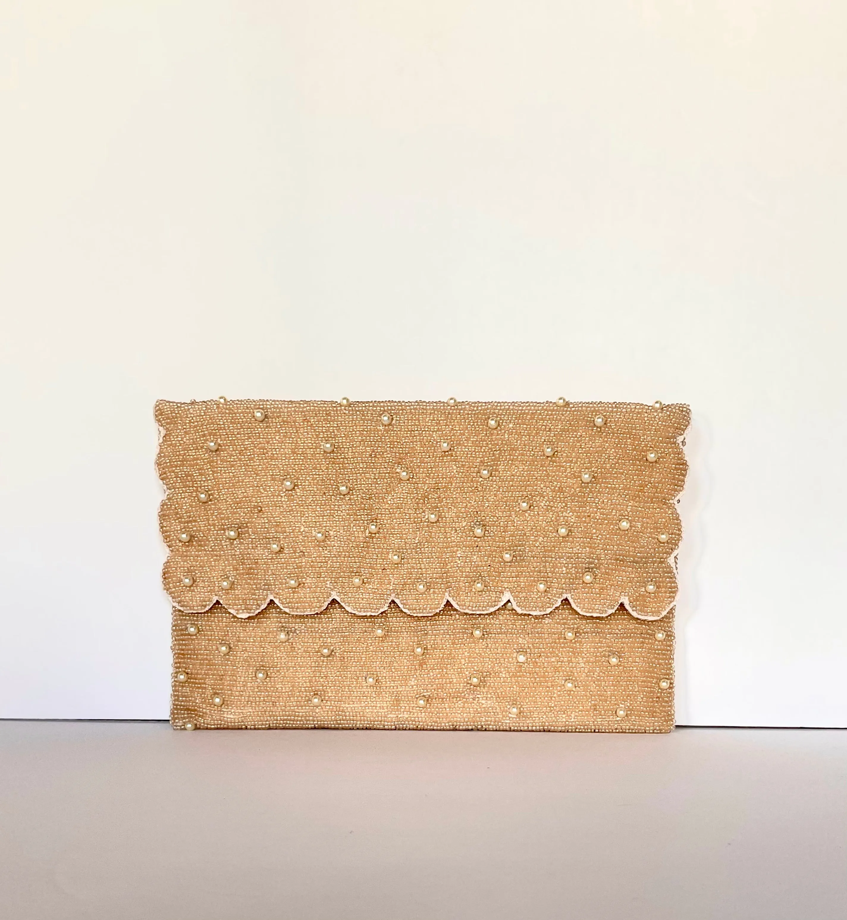 Handmade Beaded Gold Scalloped Clutch With Pearls