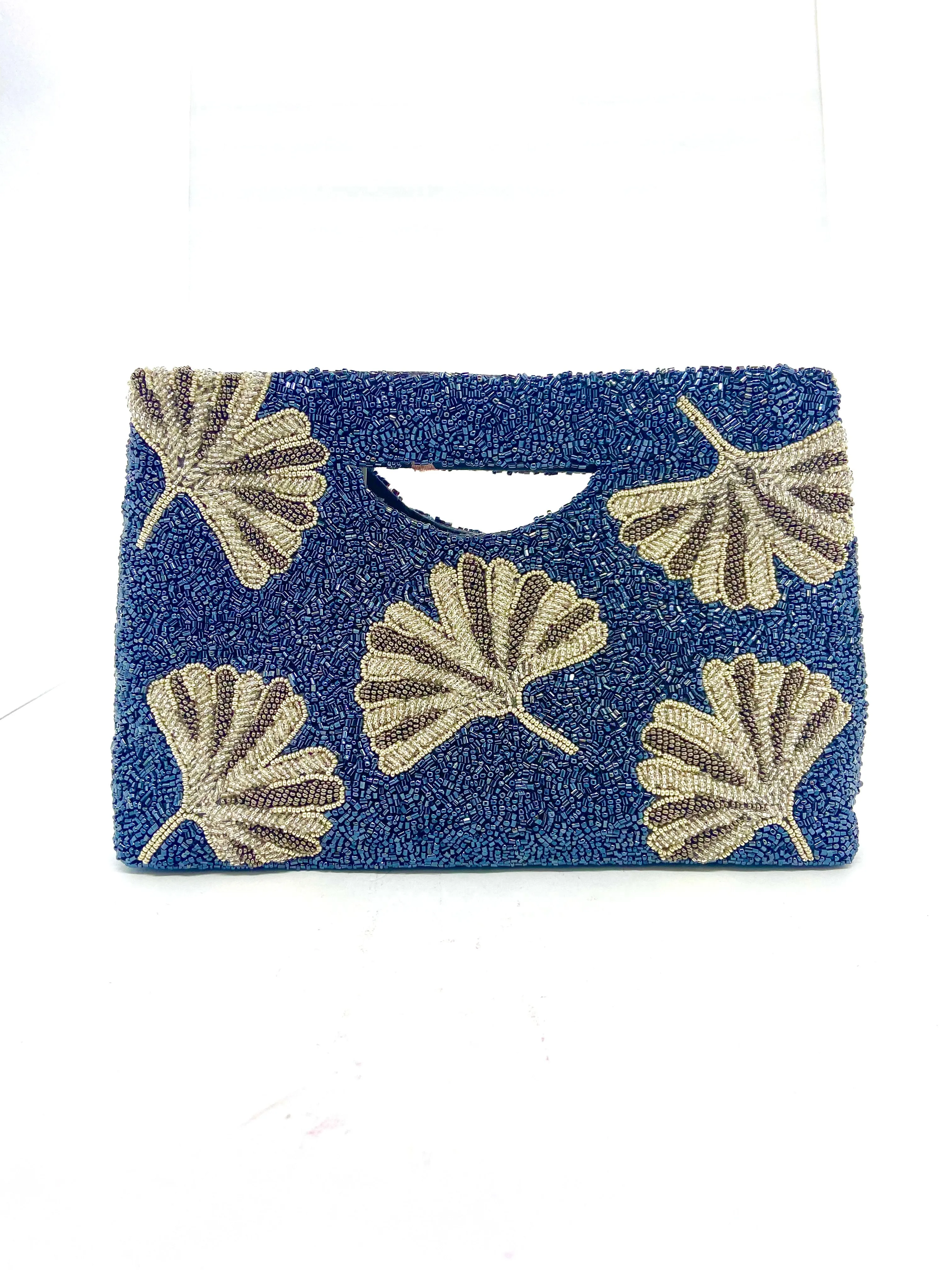Handmade Beaded Handle Clutch, Navy With Silver Fan