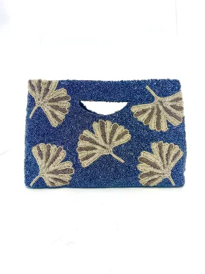 Handmade Beaded Handle Clutch, Navy With Silver Fan