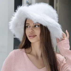 Ivory Oversized Winter Fluffy Faux Fur Bucket Hat