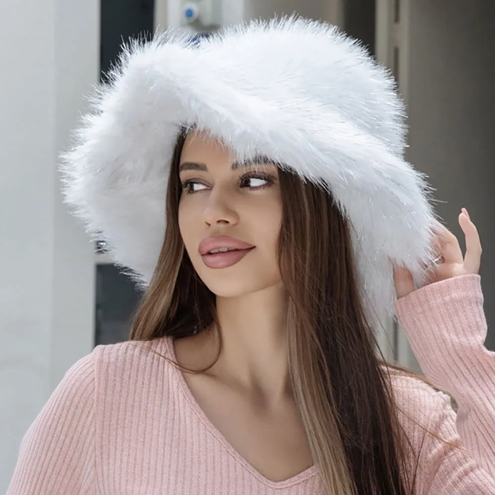 Ivory Oversized Winter Fluffy Faux Fur Bucket Hat