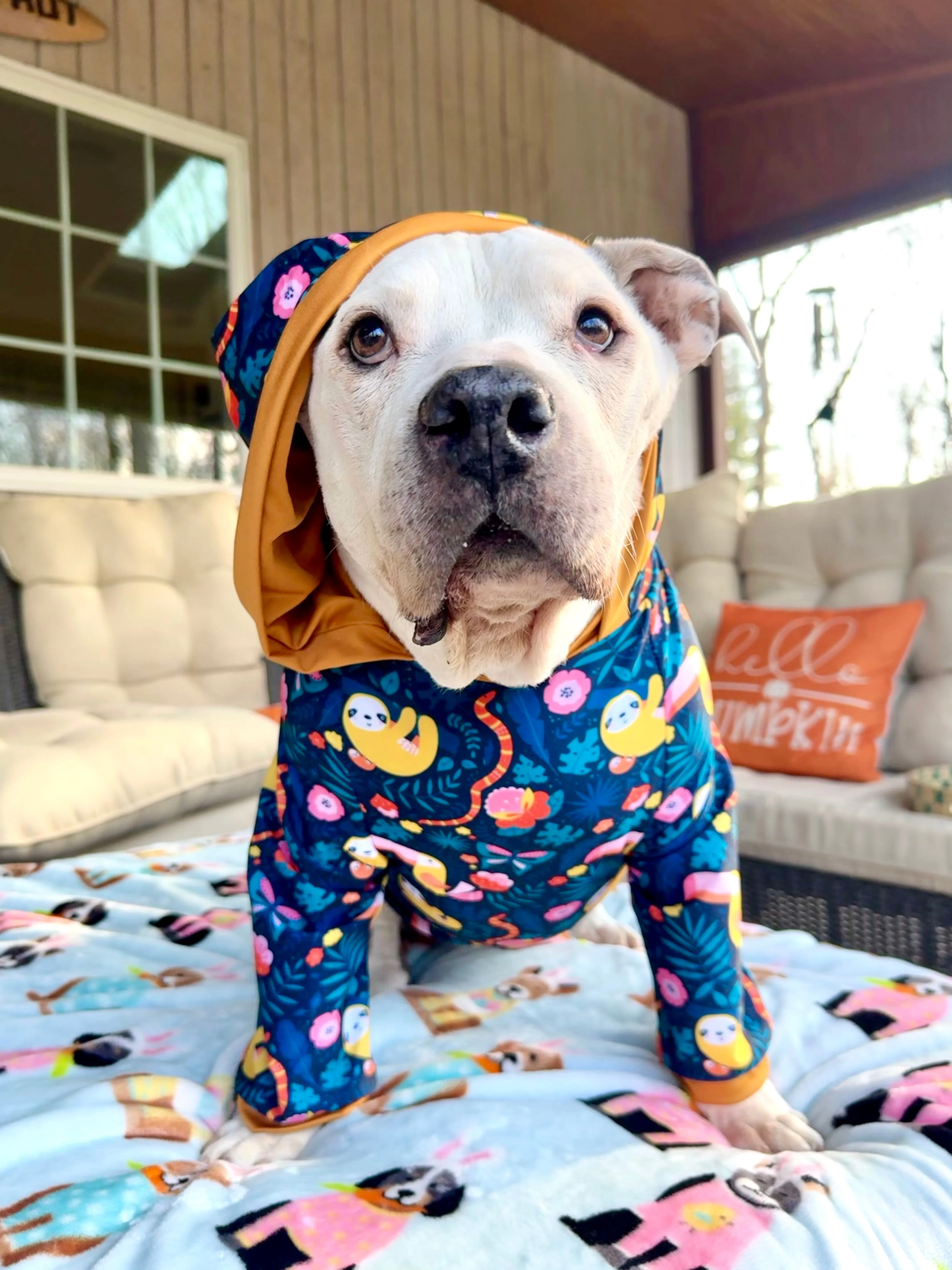 Jungle Sloths - Dog Pajama with Mustard Neck & Trim/Sleeves