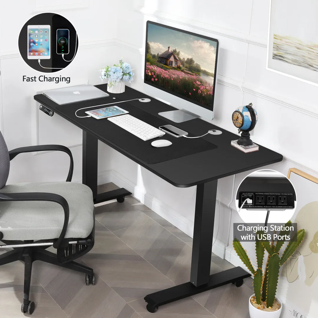 Kashif 55'' Electric Height Adjustable Standing Desk With 2 USB Ports, 3 Power Outlets, and 4 Casters, 2 Hooks, Big Mouse Pad Inbox Zero Color: Black